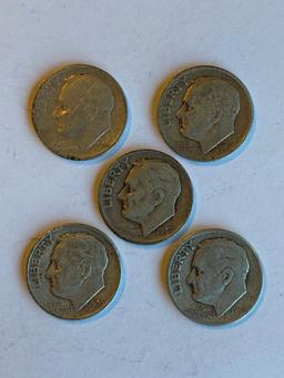 Lot of 5 Roosevelt Dimes 90% Silver; (3) 1946 and (2) 1947