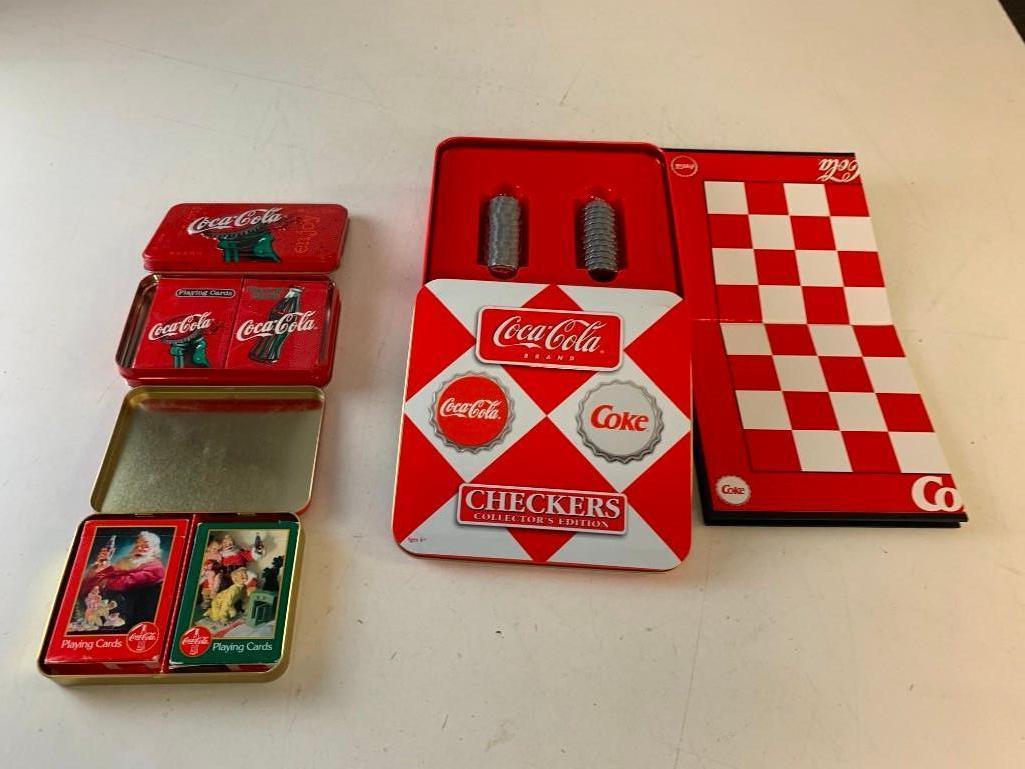 Coca-Cola Checkers and playing Cards all in tins NEW