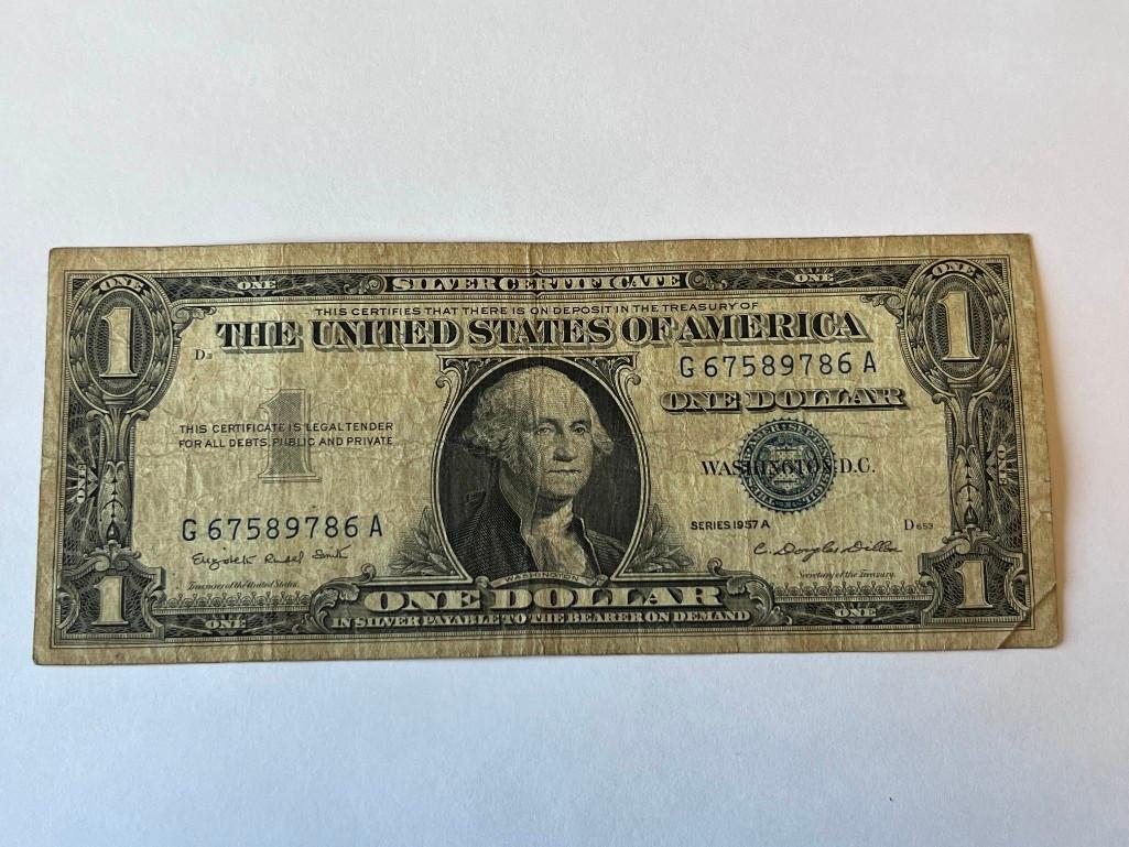 One Dollar Silver Note 1957A.... Discoloration and bent corners