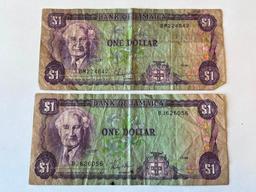 Lot of 2 One Dollar Jamaica Bills. Discoloration, bent corners and folds