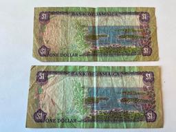 Lot of 2 One Dollar Jamaica Bills. Discoloration, bent corners and folds