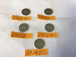 Lot of 5 Buffalos Nickels 1917 P, 1020 S, 1925 P, 1928 S & 1930 S