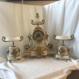 Rare Vintage, Ball Black and Co. Solid White Marble French Mantle Clock and Candleholders