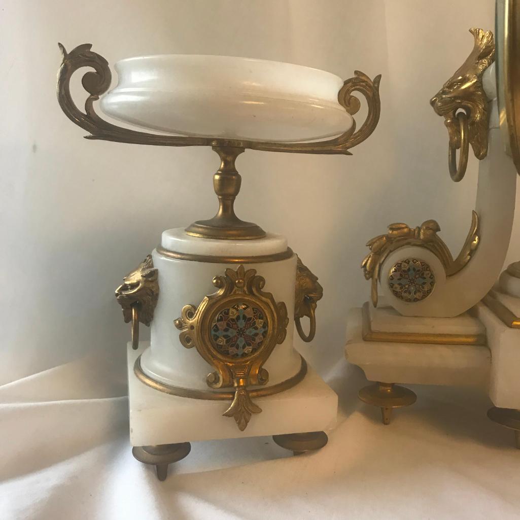 Rare Vintage, Ball Black and Co. Solid White Marble French Mantle Clock and Candleholders