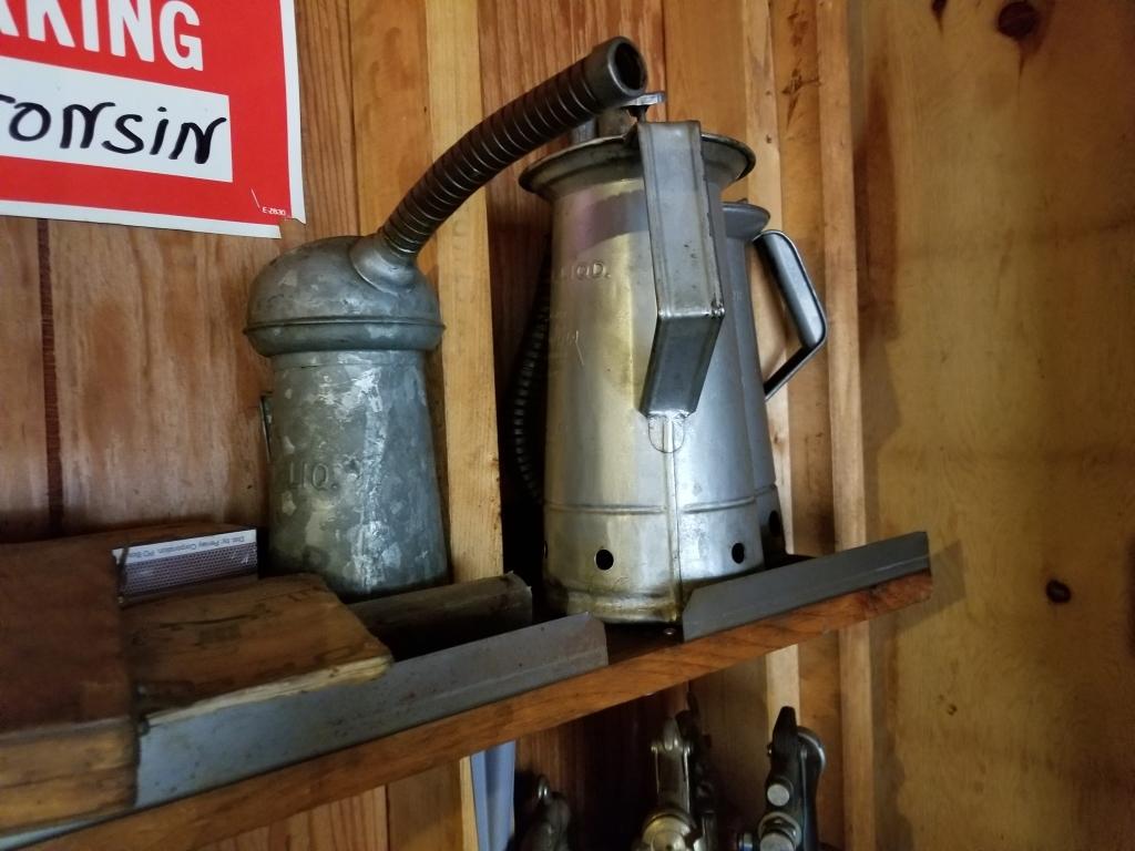 Contents of Top Shelf, Oil Cans, Hubcap Clock