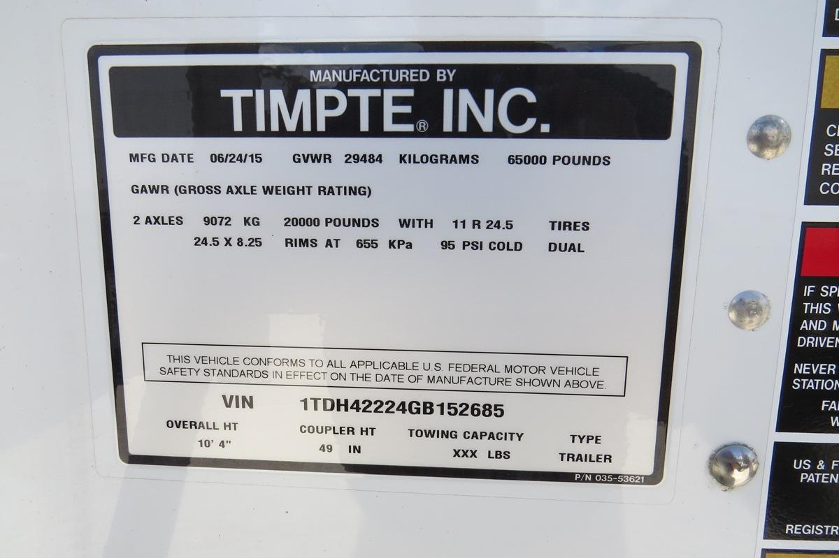 2016 Timpte "Super Hopper" Tandem Axle 42' All Aluminum Grain Trailer, VIN# 1TDH42224GB152685, 65,00
