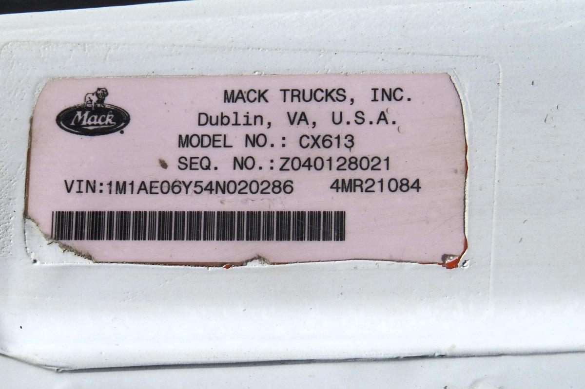 2004 Mack Model CX613 Tandem Axle Day Cab Truck Tractor, VIN# 1M1AE06Y54N0202086, Mack AC-335/380 6-