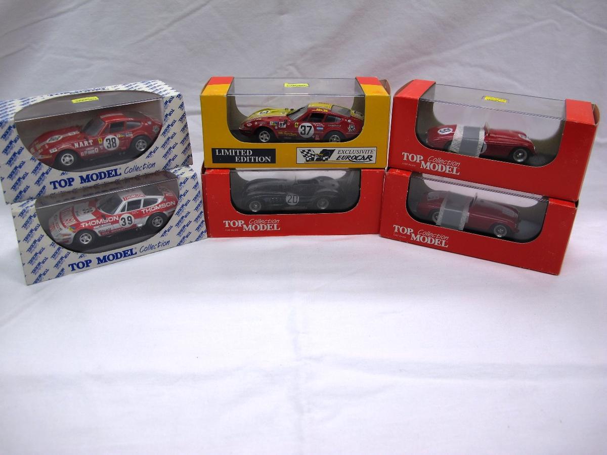 (6) Top Model Collection 1:43 Scale Models in Boxes, Ferrari & Jaquar, Made