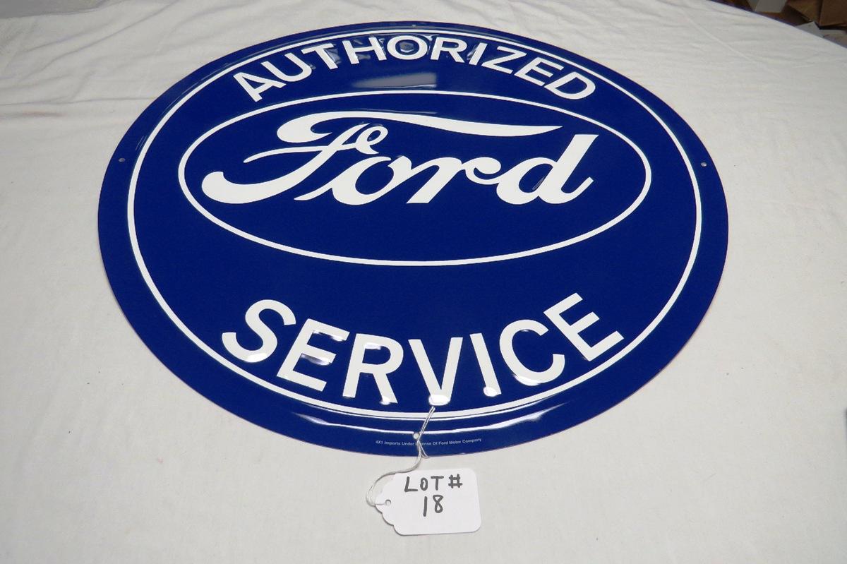 Ford Authorized Service Round Single Sided Metal Reproduction Sign, 23 1/2" Diameter.