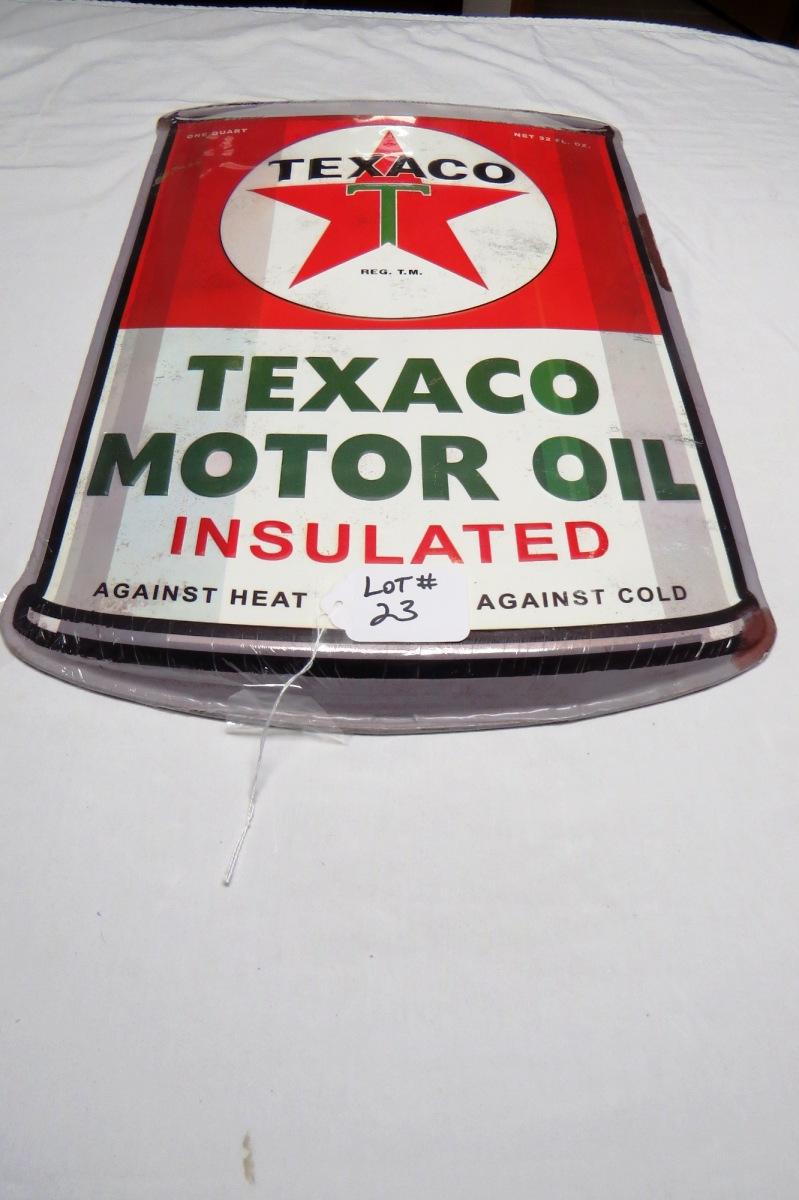 Texaco Motor Oil Insulated Metal Reproduction Oil Can Sign, 24" Tall x 15 1/4" Wide.