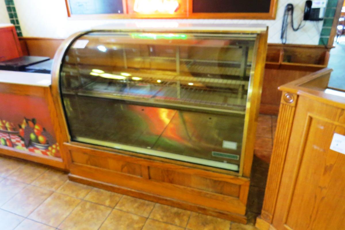 Oak Lighted Refrigerated Pie Cabinet with Curved Glass Front, Rear Sliding