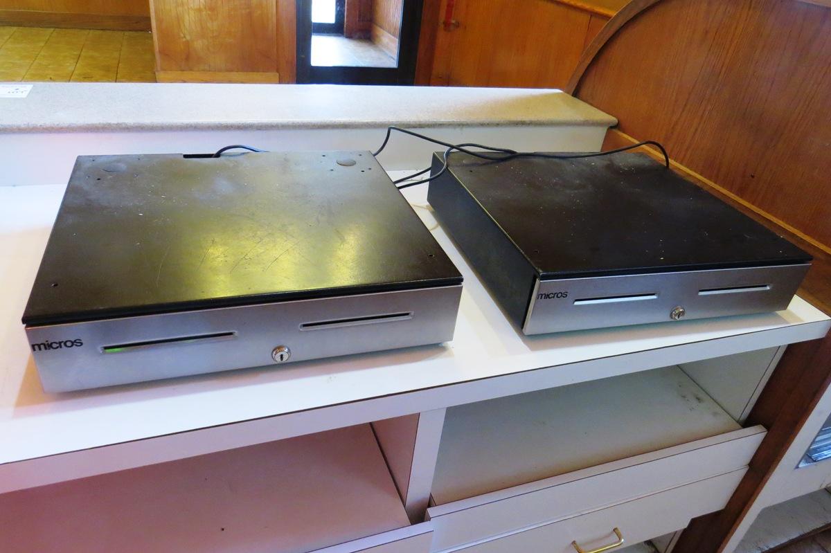 (2) Micros Elec Cash Register Stands with Cash Drawers.