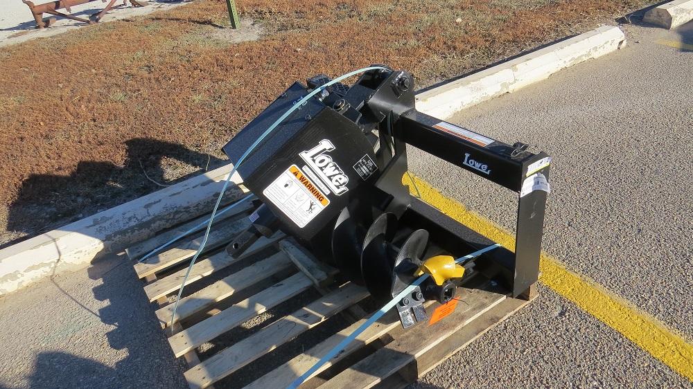 Unused Lowe Hyd Auger Attachment with 12" Auger Bit, Skid Steer Quick Attach.