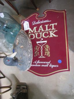Malt Duck Sign & Styrofoam Duck Decoy with Plastic Rotating Head.