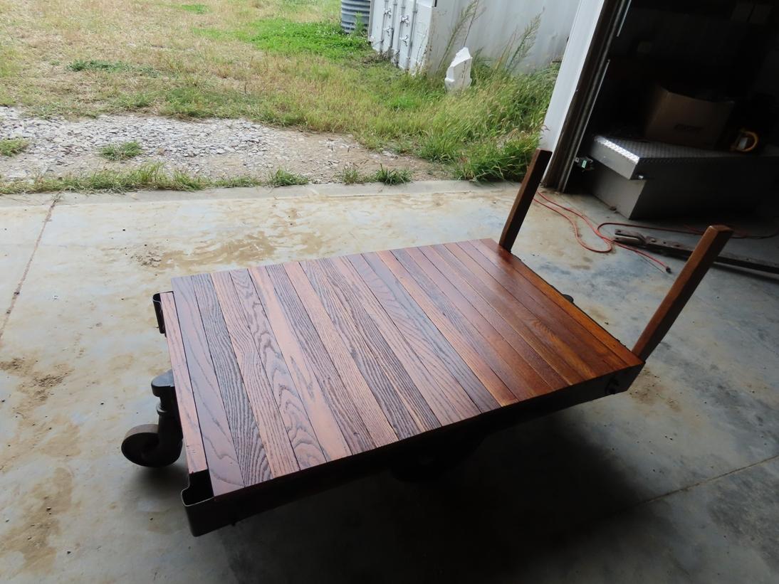 Heavy Duty Railroad 4-Wheel Freight Cart with Cast Iron Wheels, Oak Top & (2) Handles.