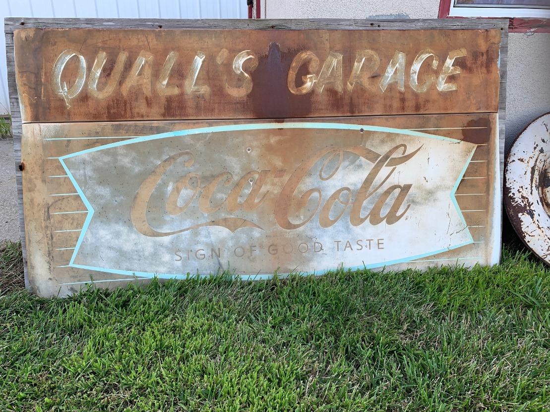 Quall's Garage Coca-Cola Metal Sign, Mounted on Wood Board, 71" Wide x 39" Tall.