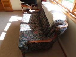 Queen Anne-Style Loveseat with Wood Trimmed Arm Rests & Wood Legs.