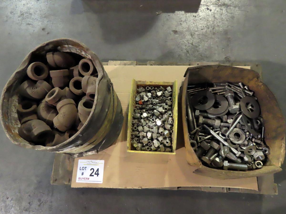 Pallet of Misc Pipe Elbows, Bolts, Sprayer Parts.