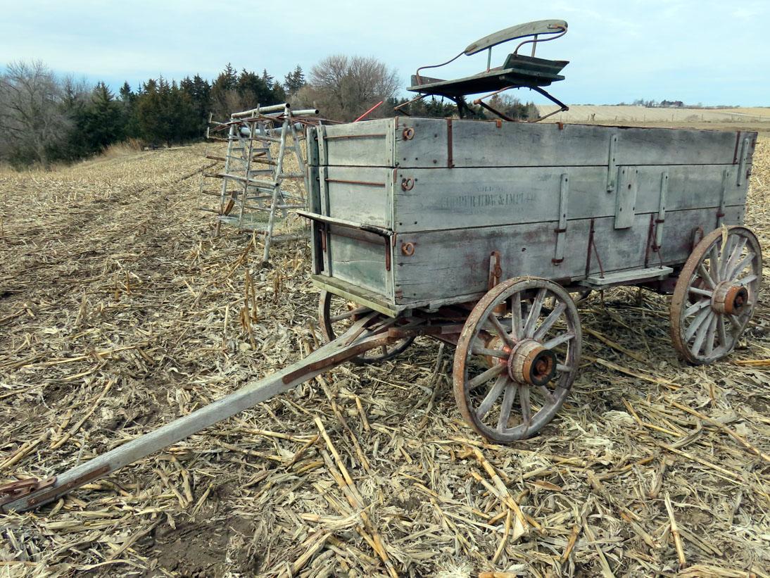 Antique Horse Drawn Wood High Wheel Barge Wagon with Seat & Tongue, “Sold to Cooper HDW & IMPL CO.