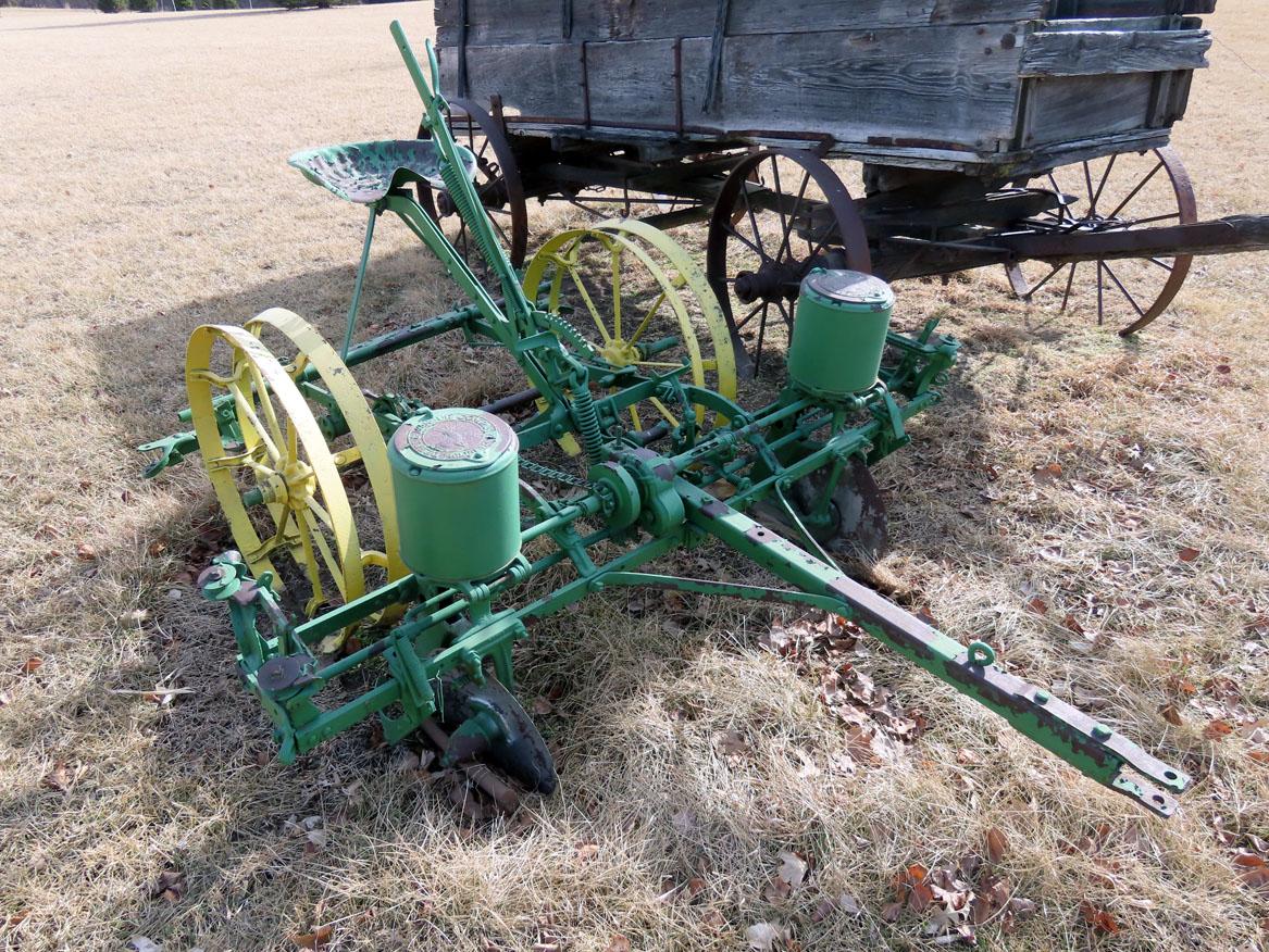 John Deere 2-Row Horse-Drawn Lister on Steel, Cast Iron “Deere & Mansur Company” Planter Box Lids,