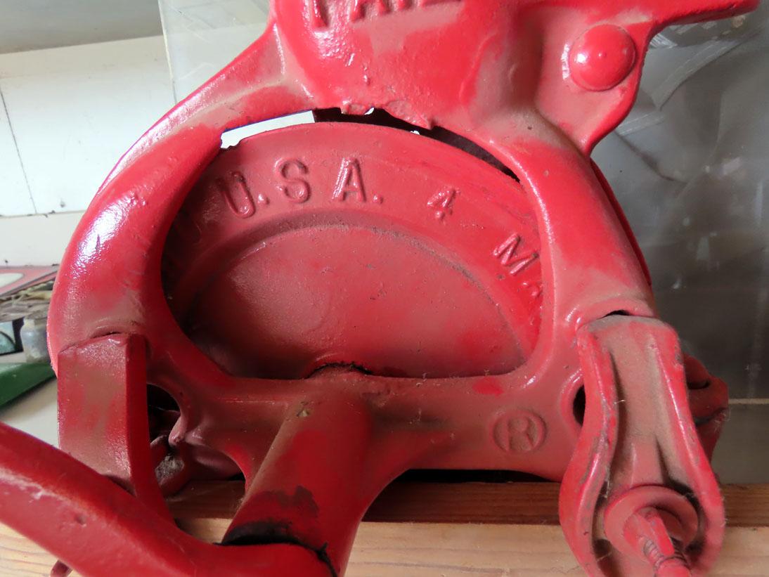 The Root-Heath Mfg. Co, Plymouth, OH, USA "Never Fail" Cast Iron Hand Corn Sheller Mounted on Pine B