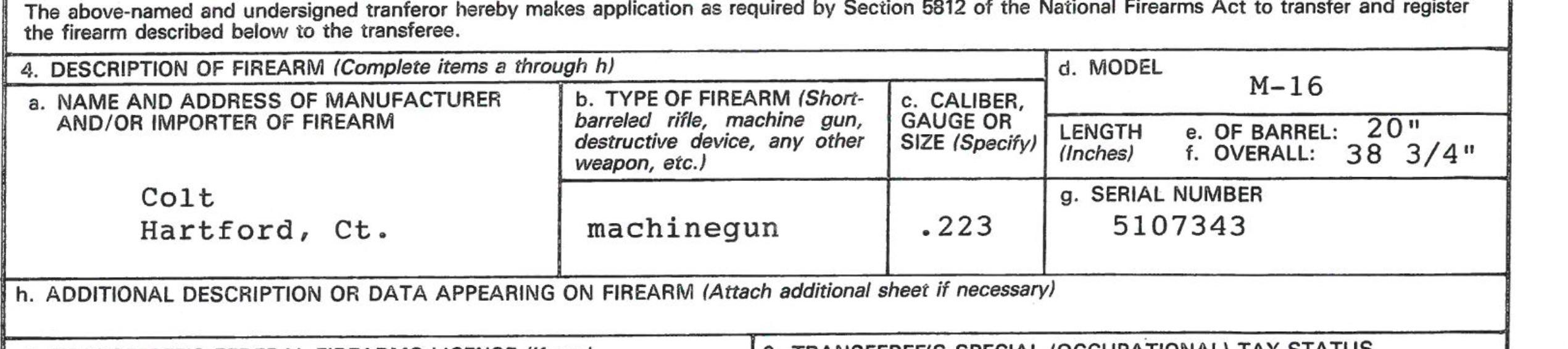 Colt M-16 Fully Automatic Rifle, SN# 5107343, .223 Caliber, (2) 20-Round Clips, 20" Barrel.