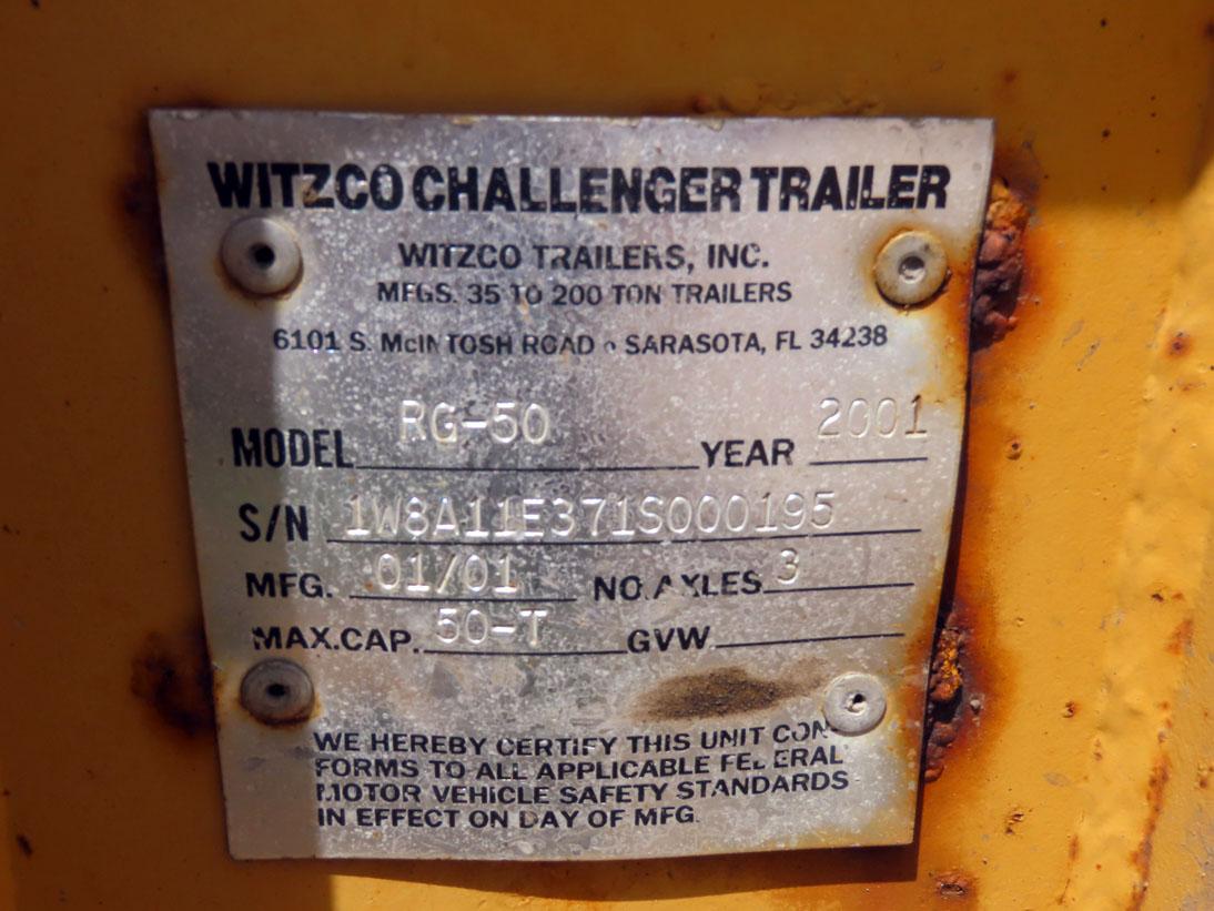 2001 Witzco Challenger Model RG-50 Triple Axle Hydraulic Removable Gooseneck Lowboy Trailer, VIN #1W