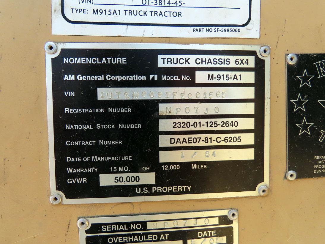 1984 AM General Model M-915-A1 Tandem Axle Conventional Day Cab Truck Tractor, VIN #1UTSH6681ES00156