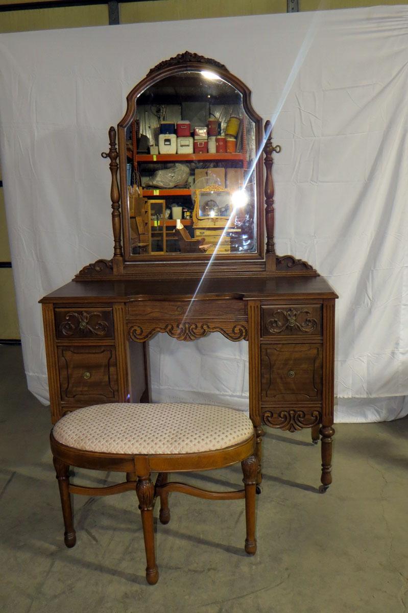Ornate Wood Vanity on Wheels with Swivel Mirror, 4 Dove Tailed Drawers, Inc