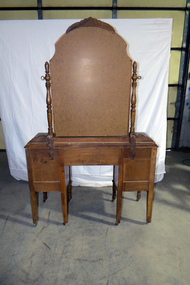 Ornate Wood Vanity on Wheels with Swivel Mirror, 4 Dove Tailed Drawers, Inc