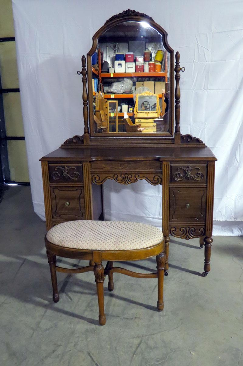 Ornate Wood Vanity on Wheels with Swivel Mirror, 4 Dove Tailed Drawers, Inc