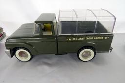 (1) Bell Telephone Metal Service Truck, (1) Metal Army Troop Carrier Truck,