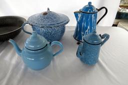 Large Lot of Enamelware (9 Pieces in Lot)- (2) Coffee Pots, (2) Tea Pots, (