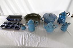 Large Lot of Enamelware (9 Pieces in Lot)- (2) Coffee Pots, (2) Tea Pots, (
