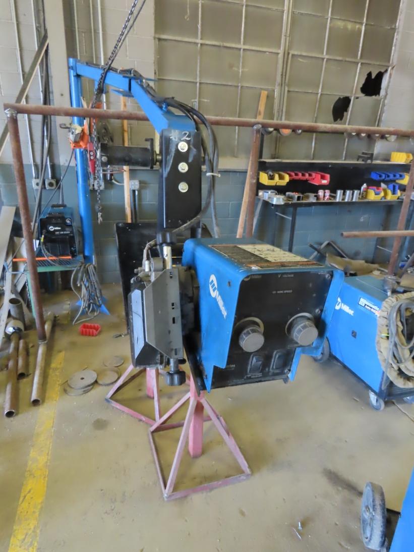 Miller Model XMT 350 CC/CV Auto-Line Arc Welder with Leans on Stand, Hydraulic Lift Arm Extension wi