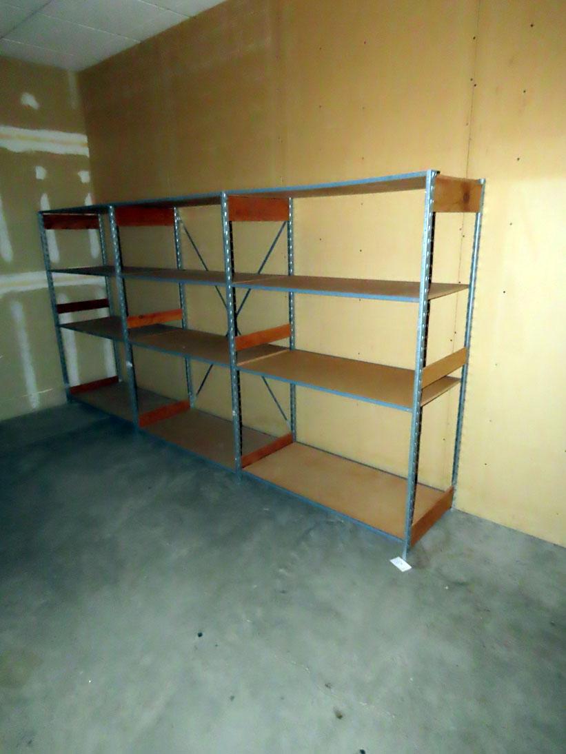 Room Contents by West Entrance: Metal Shelving Units with Wood Shelves, Bra