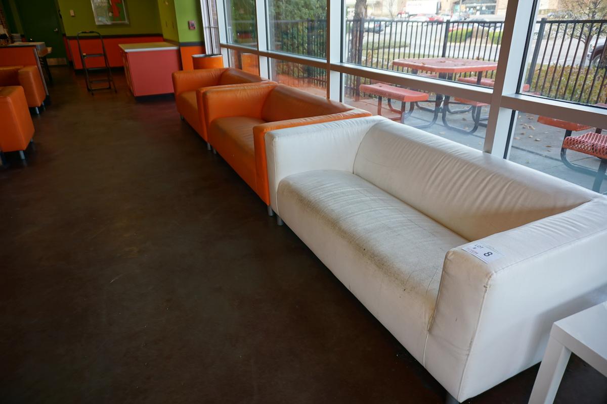 (3) Faux Leather Couches (2 Orange & 1 White).