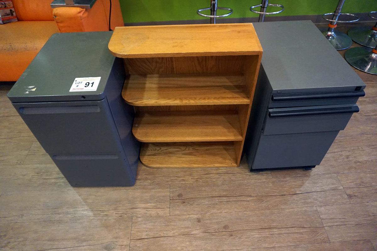 (2) Metal File Cabinets, Wooden Shelf.