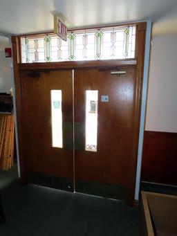 Double Oak Door Entrance with Stained Glass Top & Sides.