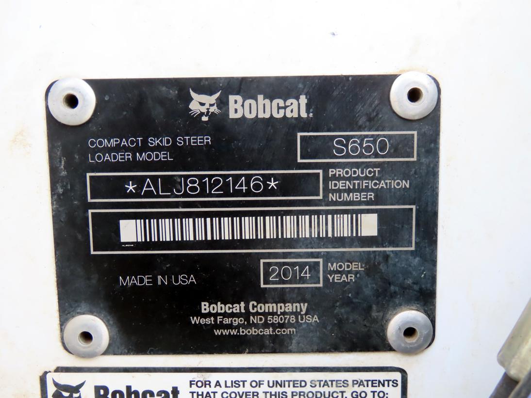 2014 Bobcat Model S650 Skid Steer Loader, SN# ALJ812146, 4-Cylinder Diesel Engine, 2-Speed Transmiss