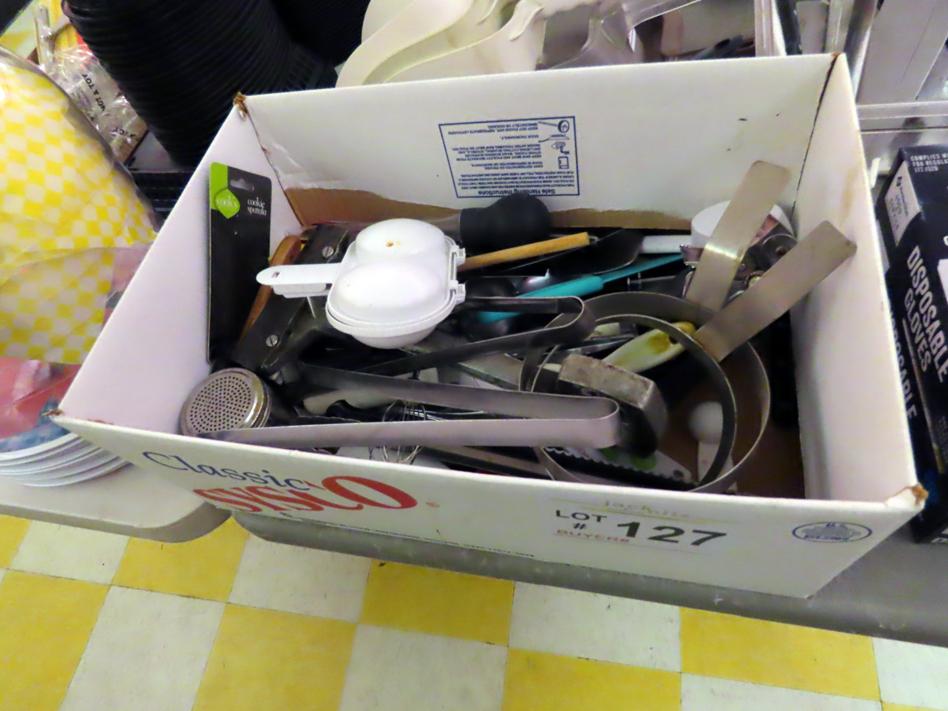 Large Box of Kitchen Utensils: Tongs, Grill Scrapers, Pot Holders, Forks, B