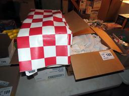 (50+) White Aprons, (13) Checkerboard Table Coverings (Red & Black).