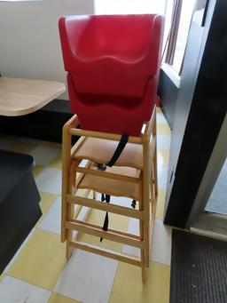 (2) Wooden High Chairs, (2) Plastic Booster Seats.