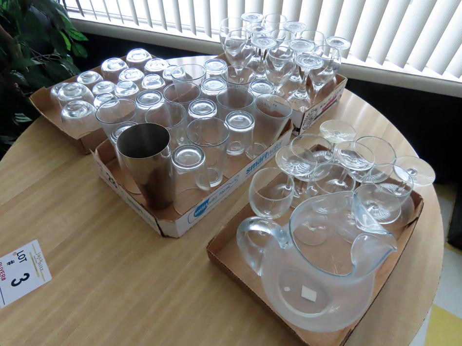 Large Lot of Glassware: (16) Water Glasses, Glass Pitcher, Mixer Cup, (24)
