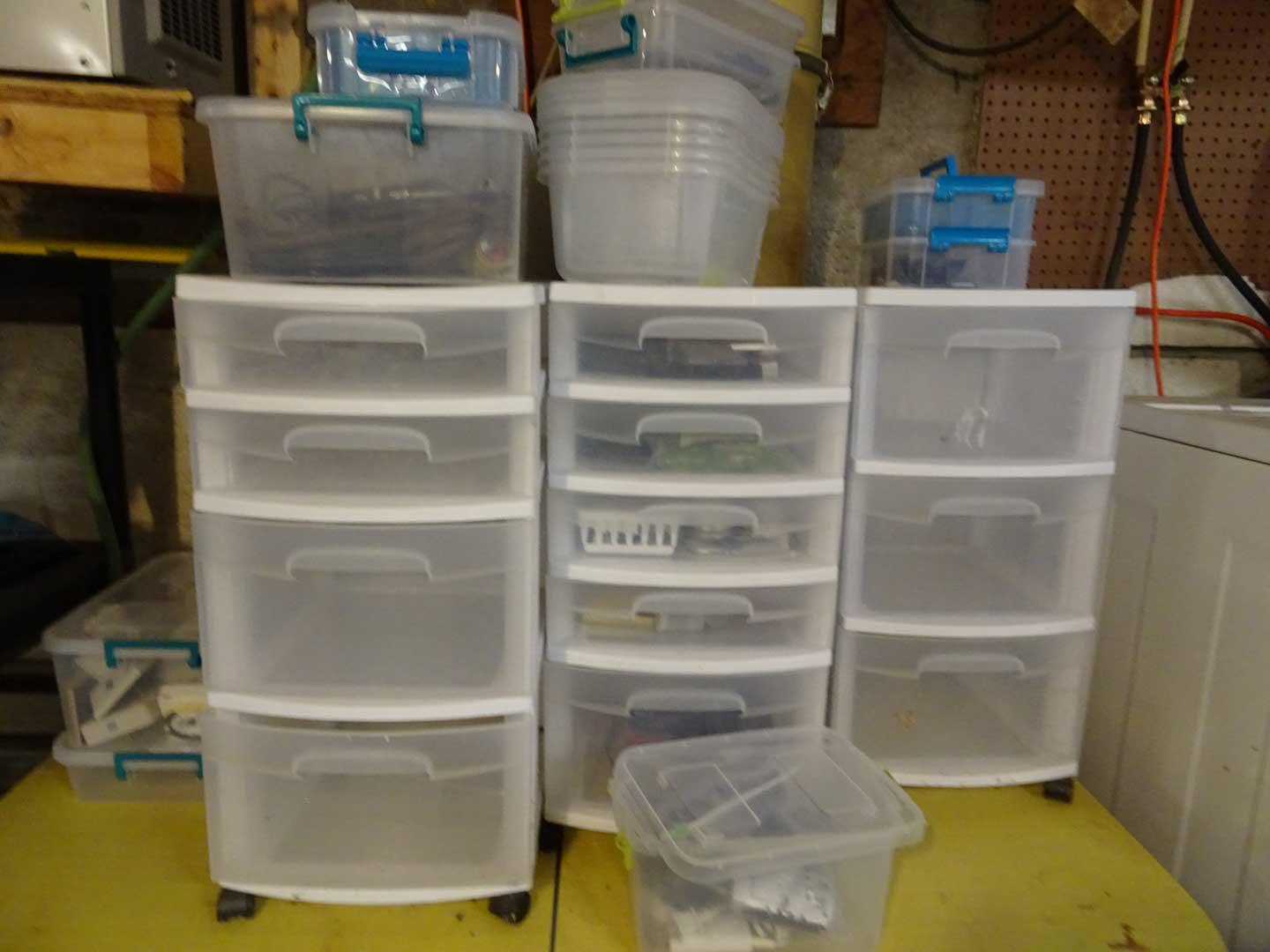 Assorted Roll Around Plastic Tubs & Containers, electric items, frames, Wal