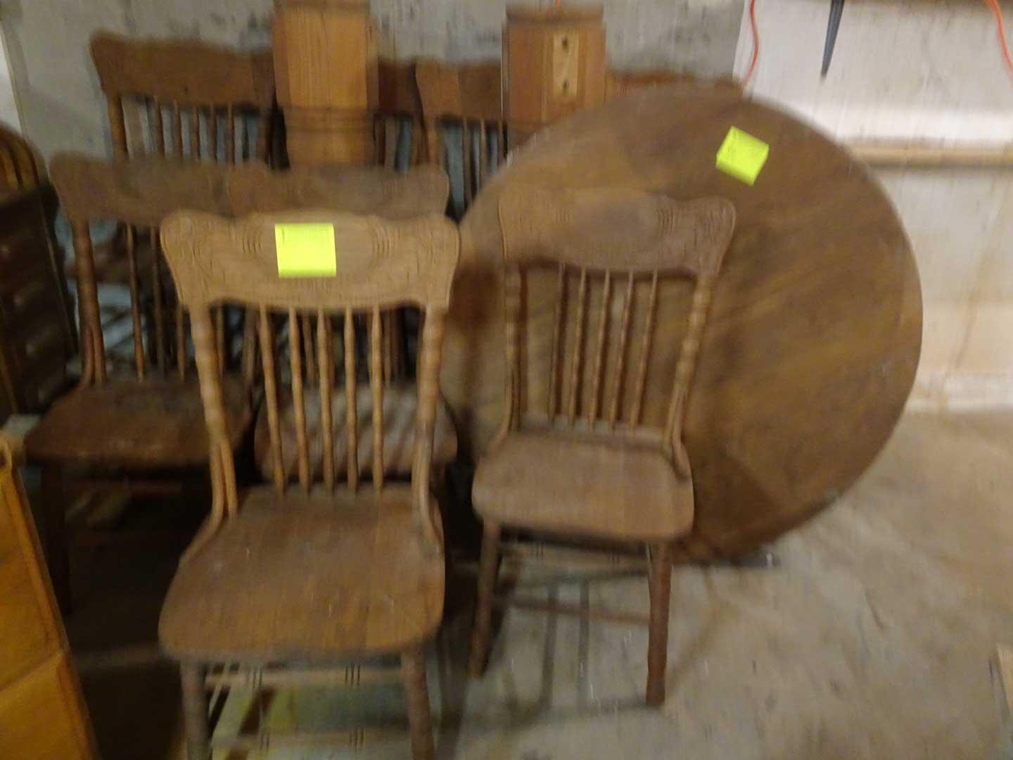 48" Round Oak Table (needs repair) & 8 Pressback Dining Chairs