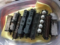 9 HO Train Cars; Bag of Power Wheel Track & Cars; Bag of Electric Race Cars