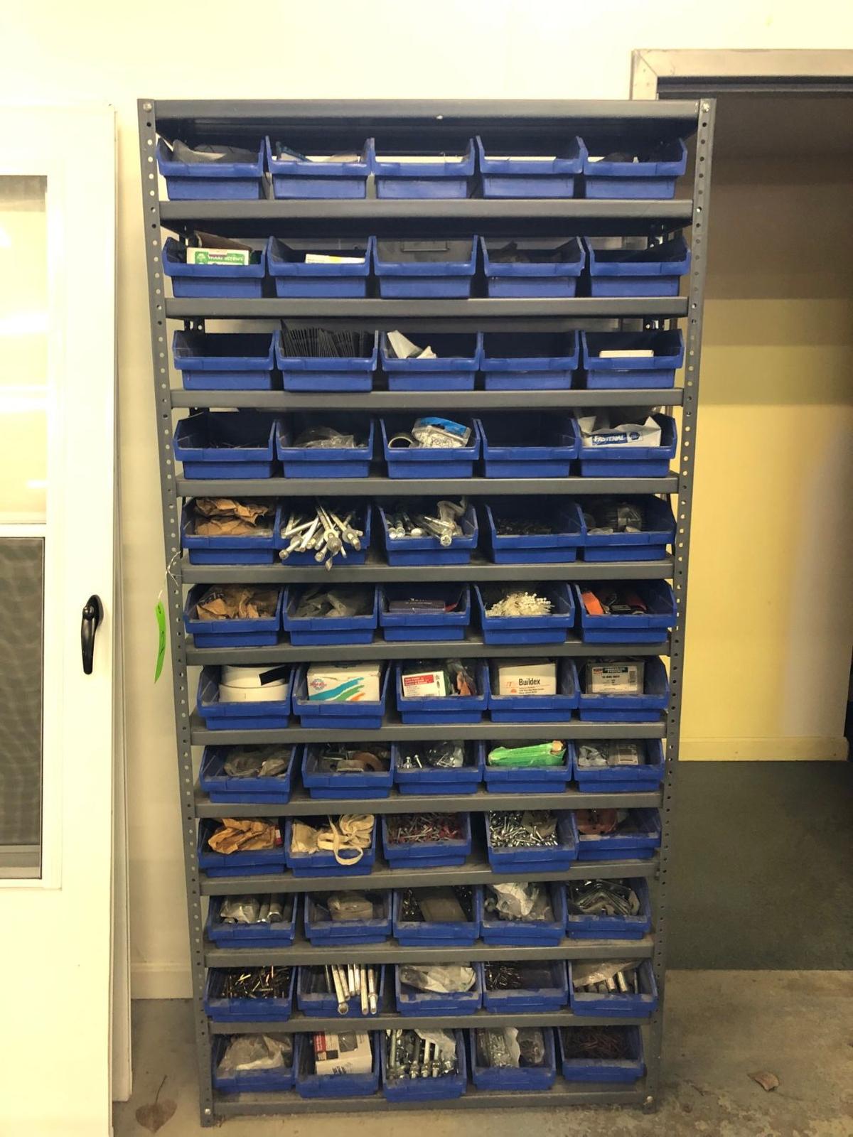 13-Tier Steel Shelf Unit w/ Bins & Contents