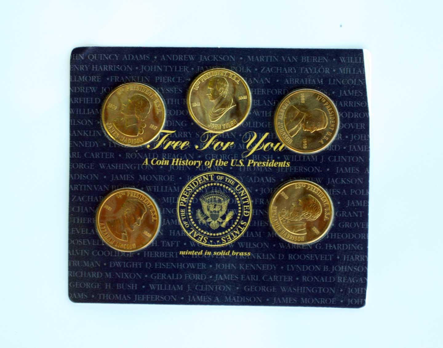 (4) Sets History of U.S. Presidents Readers Digest Issued in 1997, Brass Coins - (3) Sets of 7 coins