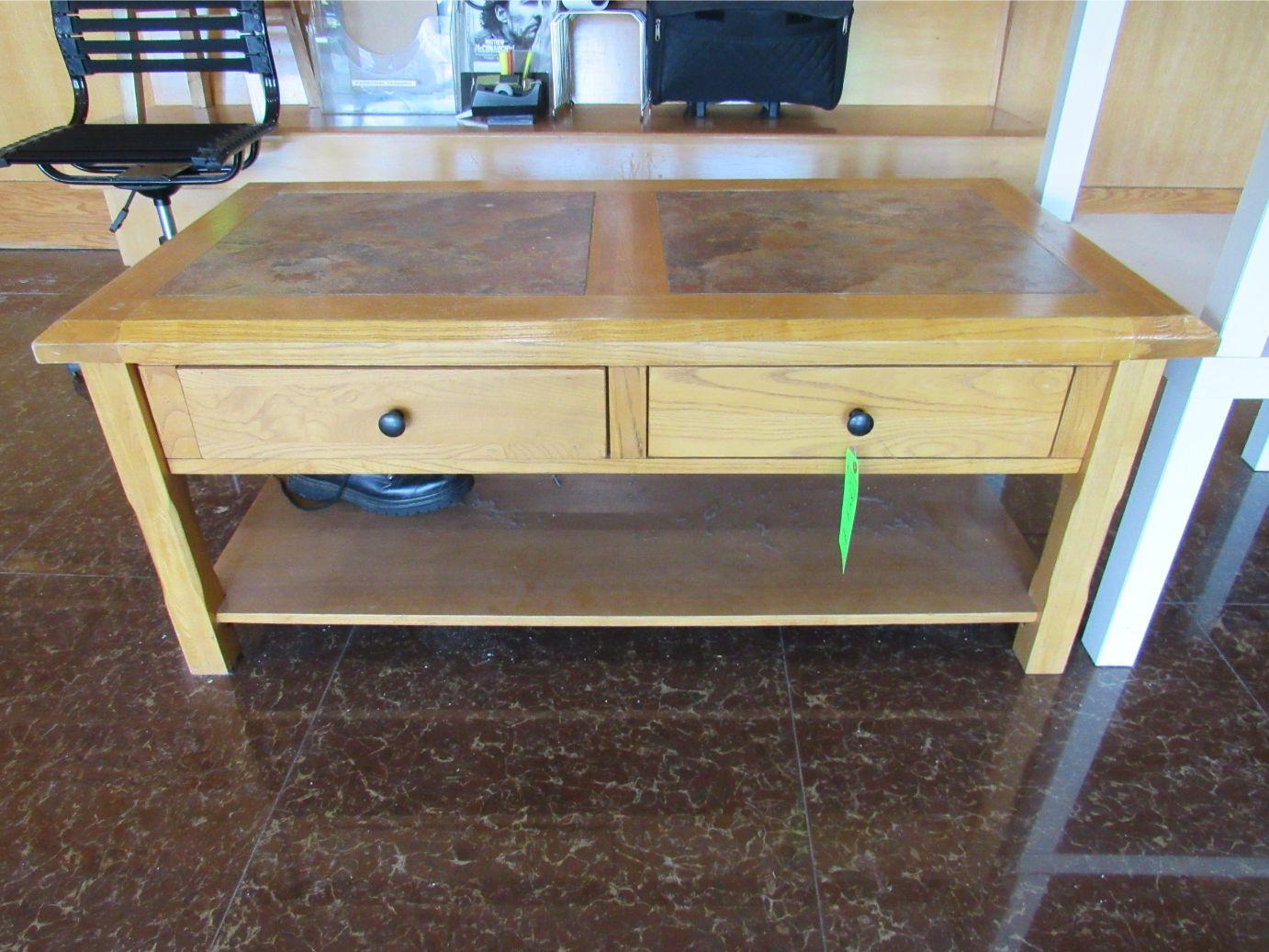 Oak & Tile Coffee Table W/ (2) Magazine Stands